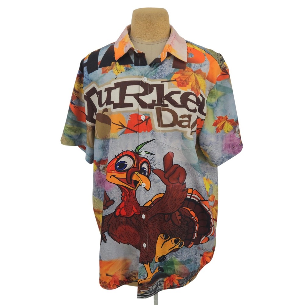 ALOHA Button Up Shirt Mens XL Happy Turkey Day Thanksgiving Graphic Fall Leaves